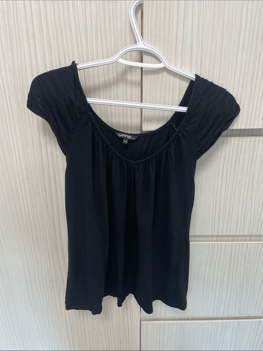George Black Short Sleeve Scoop Neck Top with Pleated Cap Sleeves